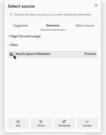 The Elements tab, grouped by page. Your hidden Data page is listed here