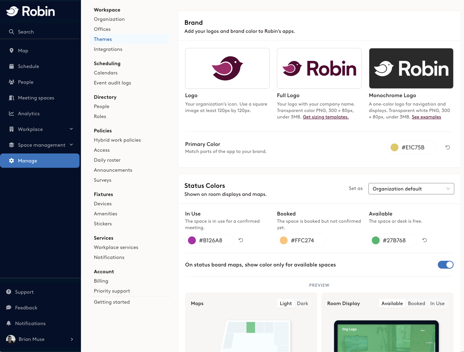 The Brand section on the Manage > Themes page, with the Logo, Full Logo and Monochrome Logo uploads