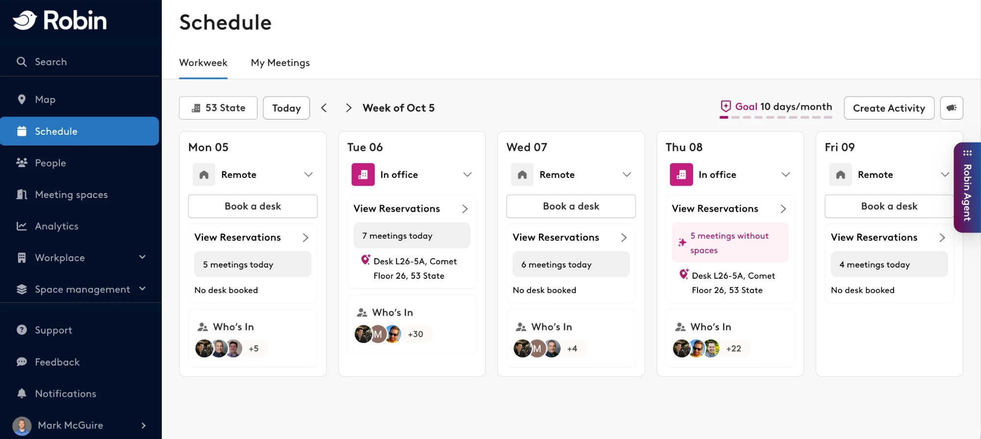 The Schedule page in the Robin web dashboard with the Robin Agent tab on the right edge