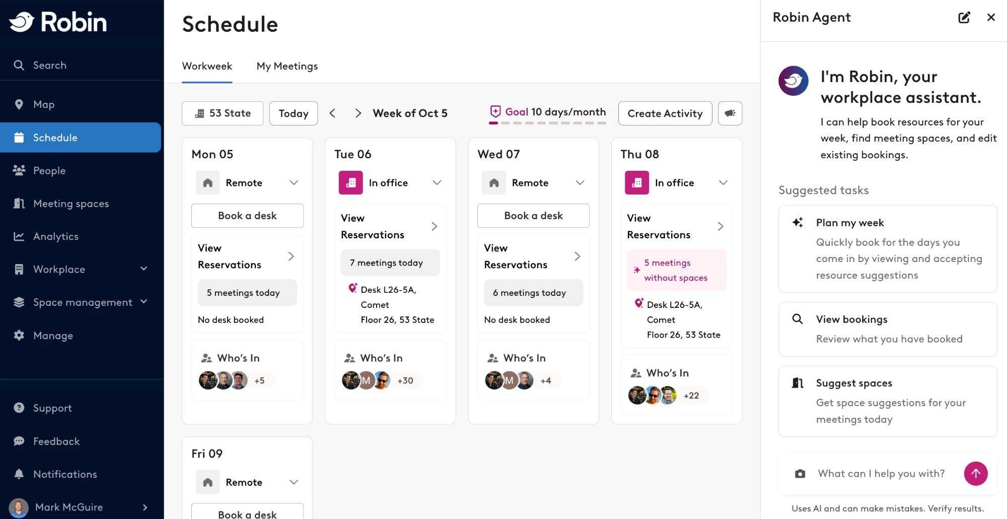 The Robin Agent sidebar open next to the Schedule page in the web dashboard, with the suggested tasks Plan my week, View bookings and Suggest spaces
