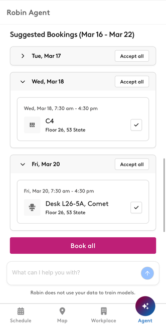 Robin Agent suggested bookings for a week, with Accept all for each day and Book all