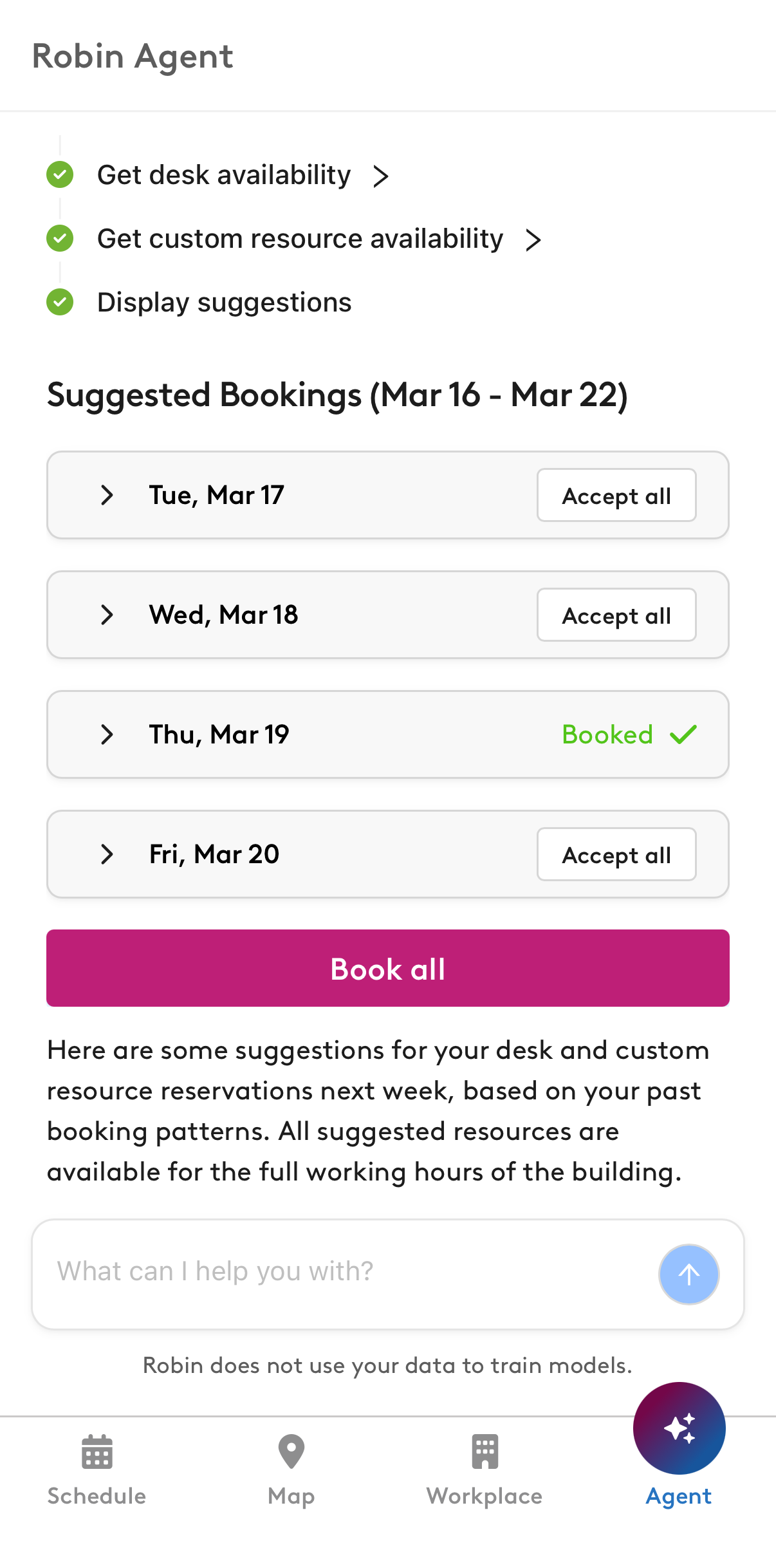 Robin Agent suggested desk and custom resource bookings for a week, with one day booked