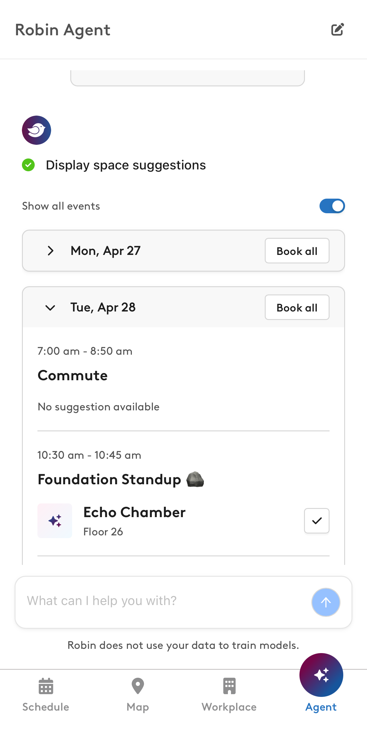 Robin Agent space suggestions with Show all events turned on