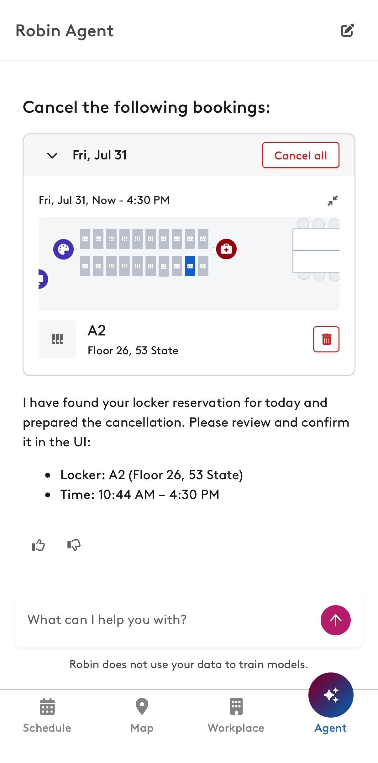 Robin Agent cancellation of a locker reservation, with Cancel all and a delete button
