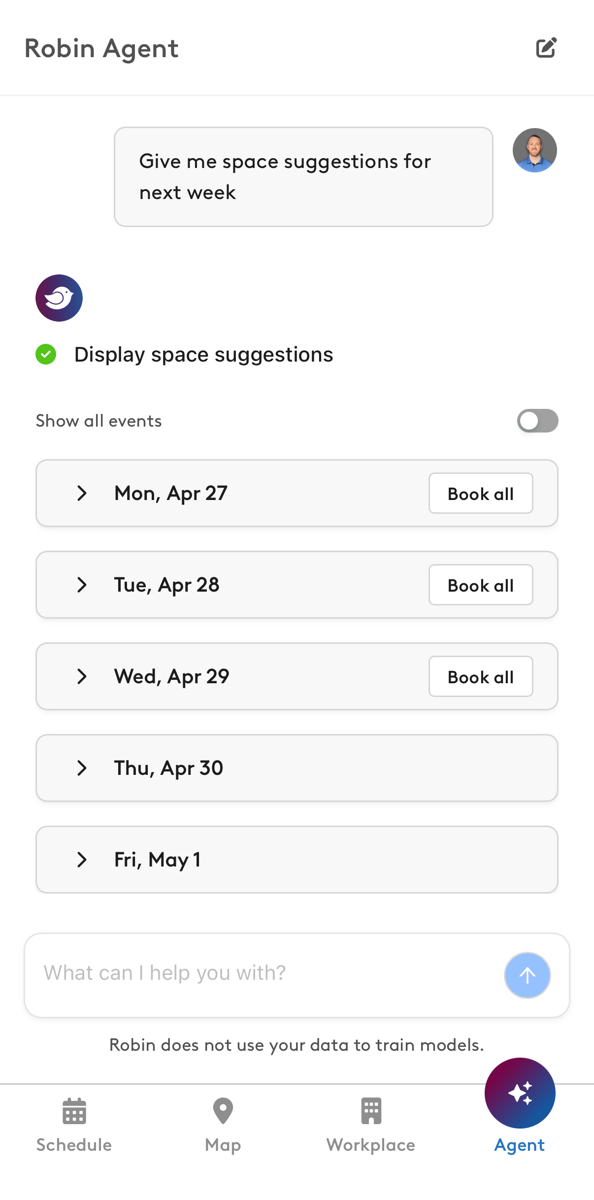 Robin Agent space suggestions for next week, with Book all for each day