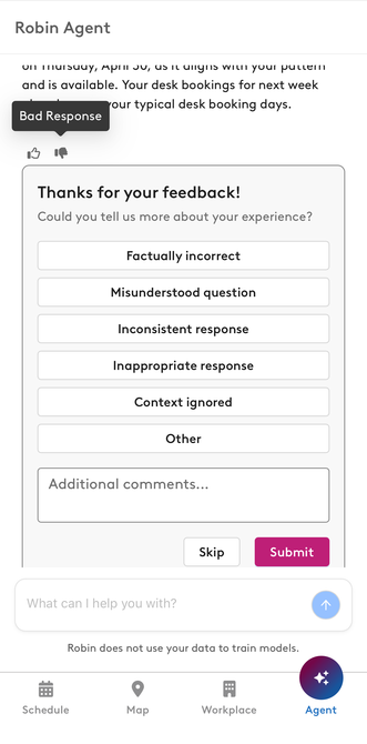 Robin Agent feedback form after a thumbs down, with reasons to choose