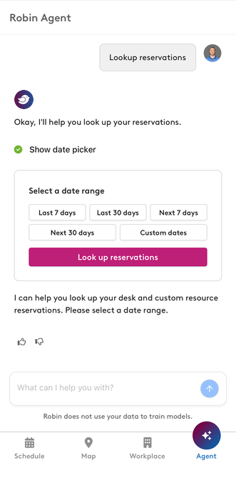 Robin Agent date range picker for looking up reservations