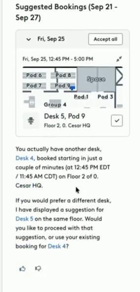A desk suggested by the Robin User Agent on the floor map, with a check mark and Accept all