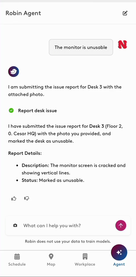 The Robin User Agent confirms that it submitted the issue report with the photo and shows the report details