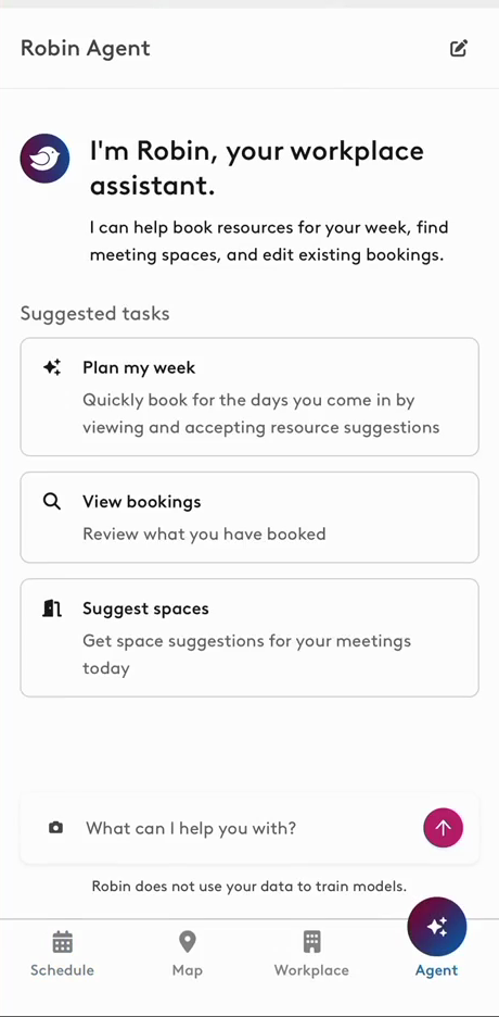 The Robin Agent home screen in the mobile app, with the camera icon in the What can I help you with? field