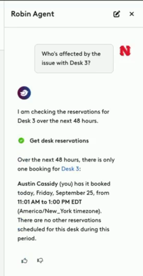 The Robin User Agent lists the reservations on a desk for the next 48 hours