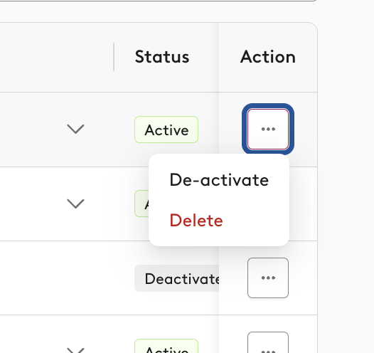 The Action menu in a user's row on the Users page, with De-activate and Delete
