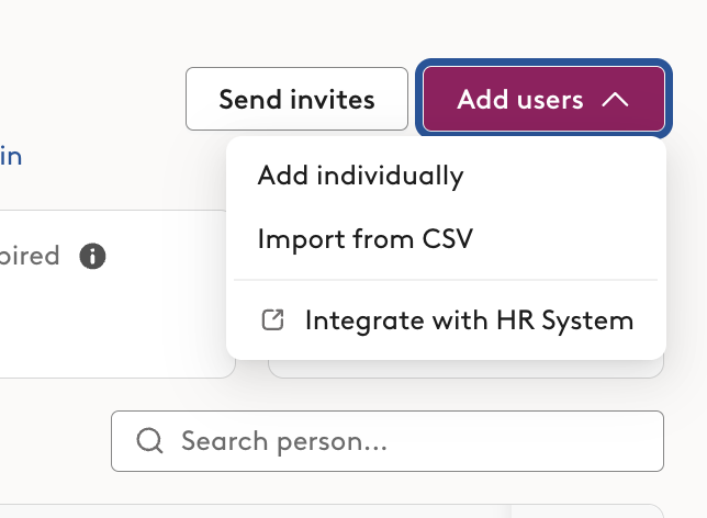 The Import from CSV option in the Add users menu on the Users page
