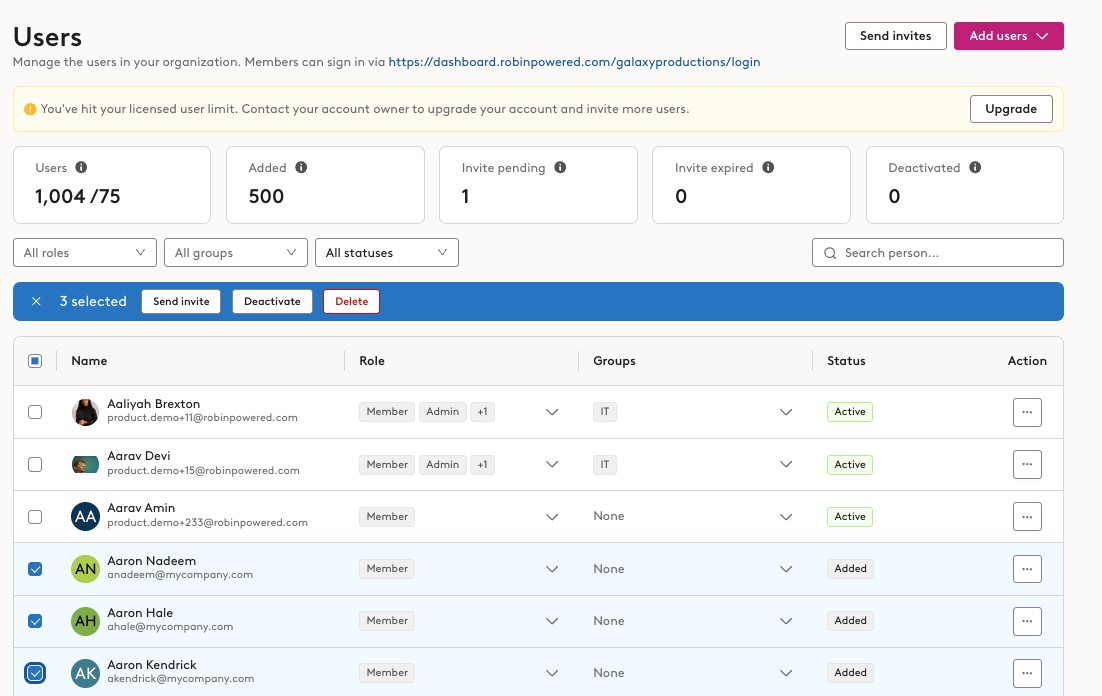 3 users selected on the Users page, with Deactivate in the selection bar