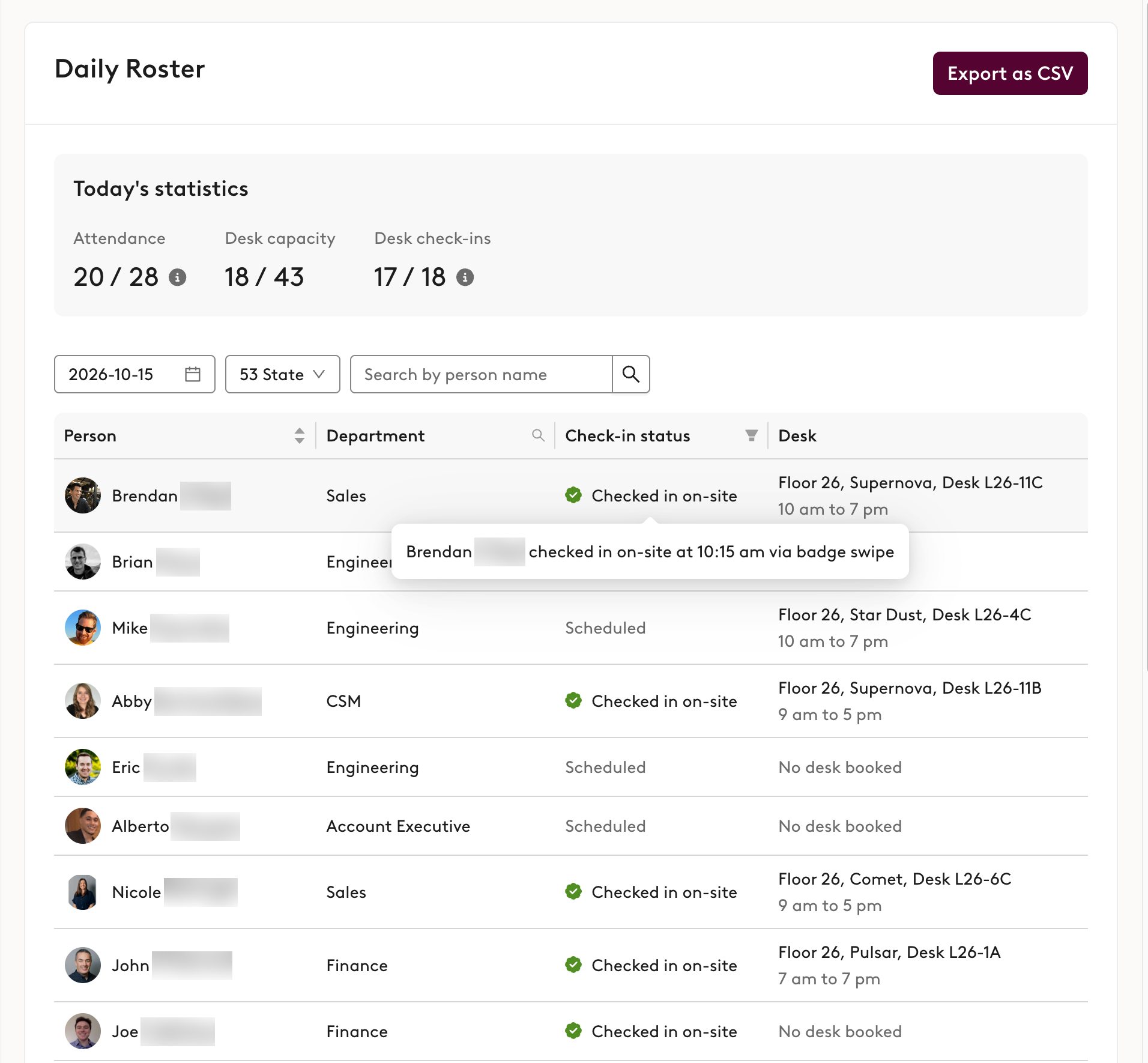 The Daily Roster page with today's attendance, desk capacity and desk check-in statistics above a list of people and their check-in status