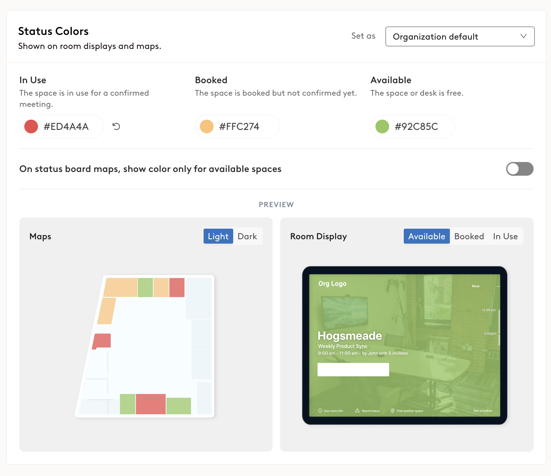The Status Colors section with In Use, Booked and Available colors and a preview of a map and a room display