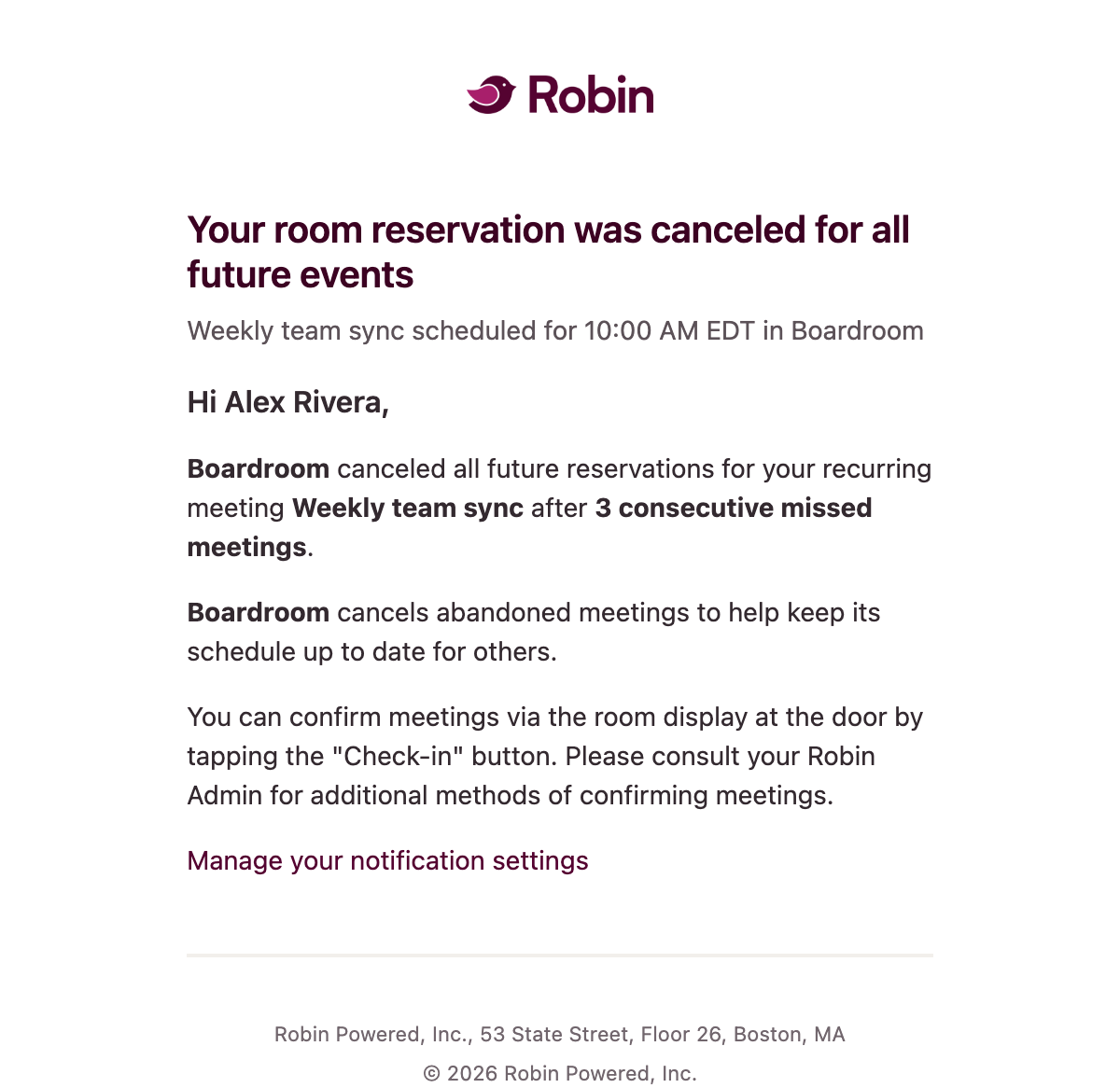 Robin email: Your room reservation was canceled for all future events