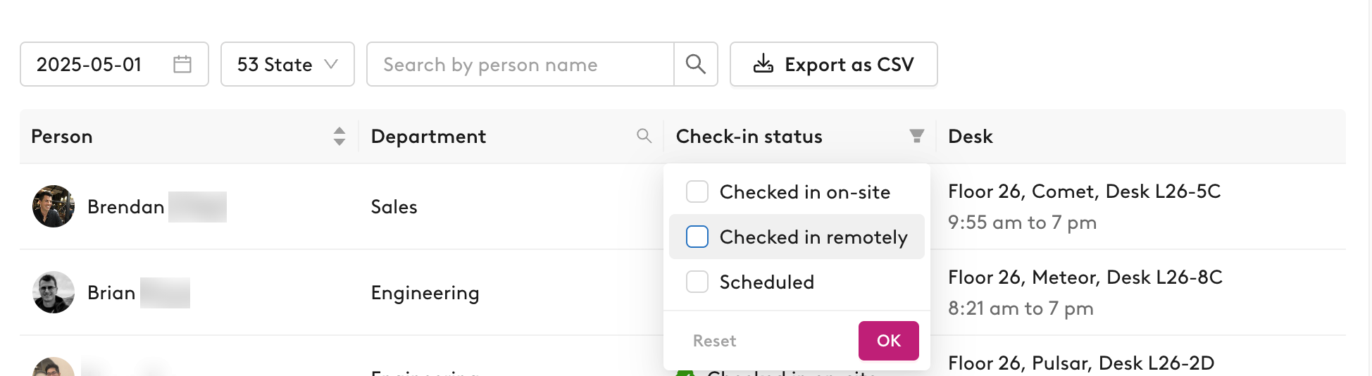 The Check-in status filter with Checked in on-site, Checked in remotely and Scheduled options