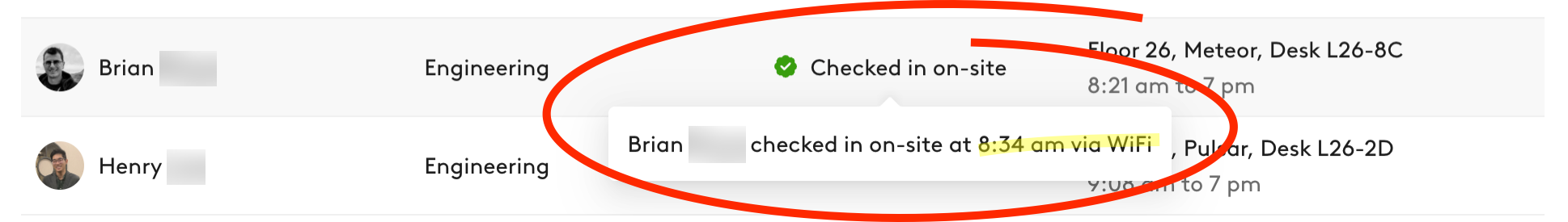 A tooltip that shows a person checked in on-site via WiFi