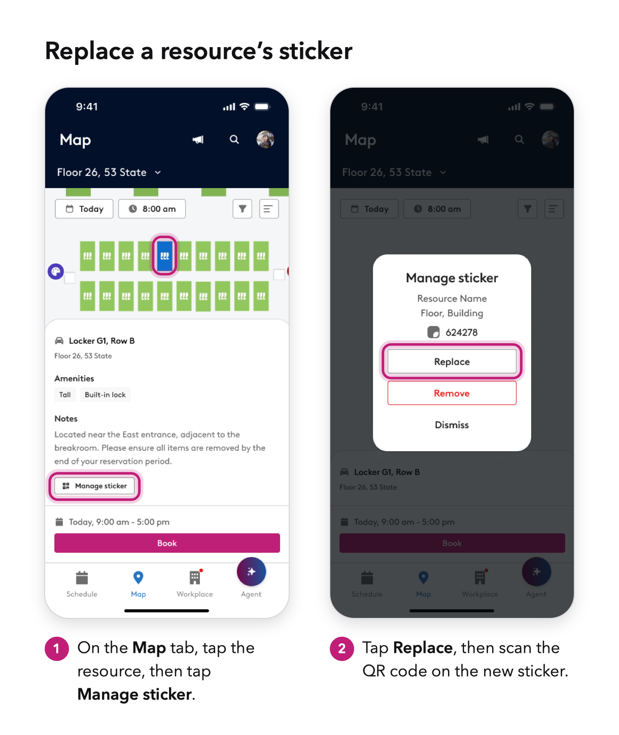 2 steps to replace a sticker in the mobile app: tap Manage sticker on a resource, then tap Replace and scan the new sticker