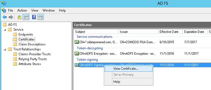 View certificate in ADFS